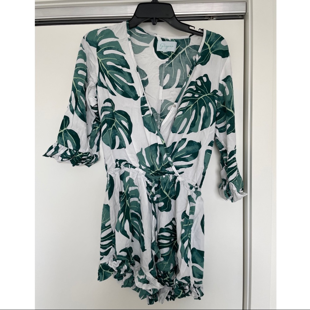 Green and White Monstera Romper with V-Neck